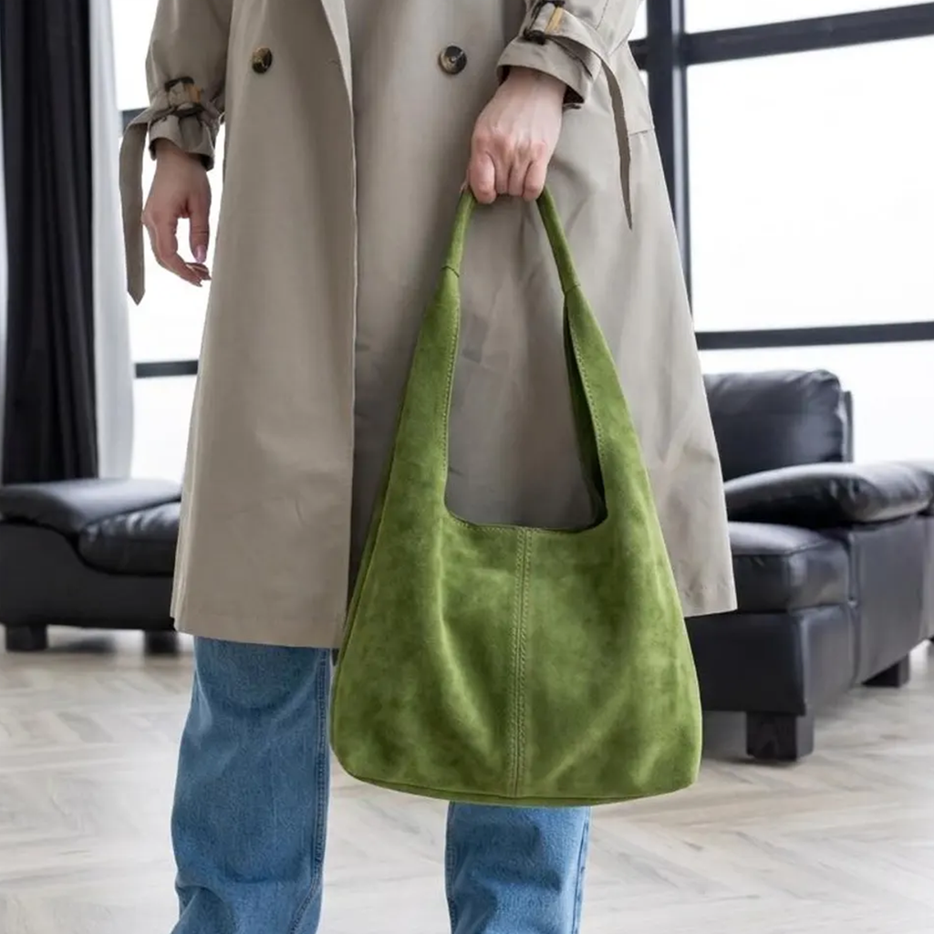 Moss Green Soft Fuzzy Slouchy Hobo Tote With Integrated Wide Shoulder Loops, Central Vertical Seam Detailing And Roomy Open-Top Inner Compartment