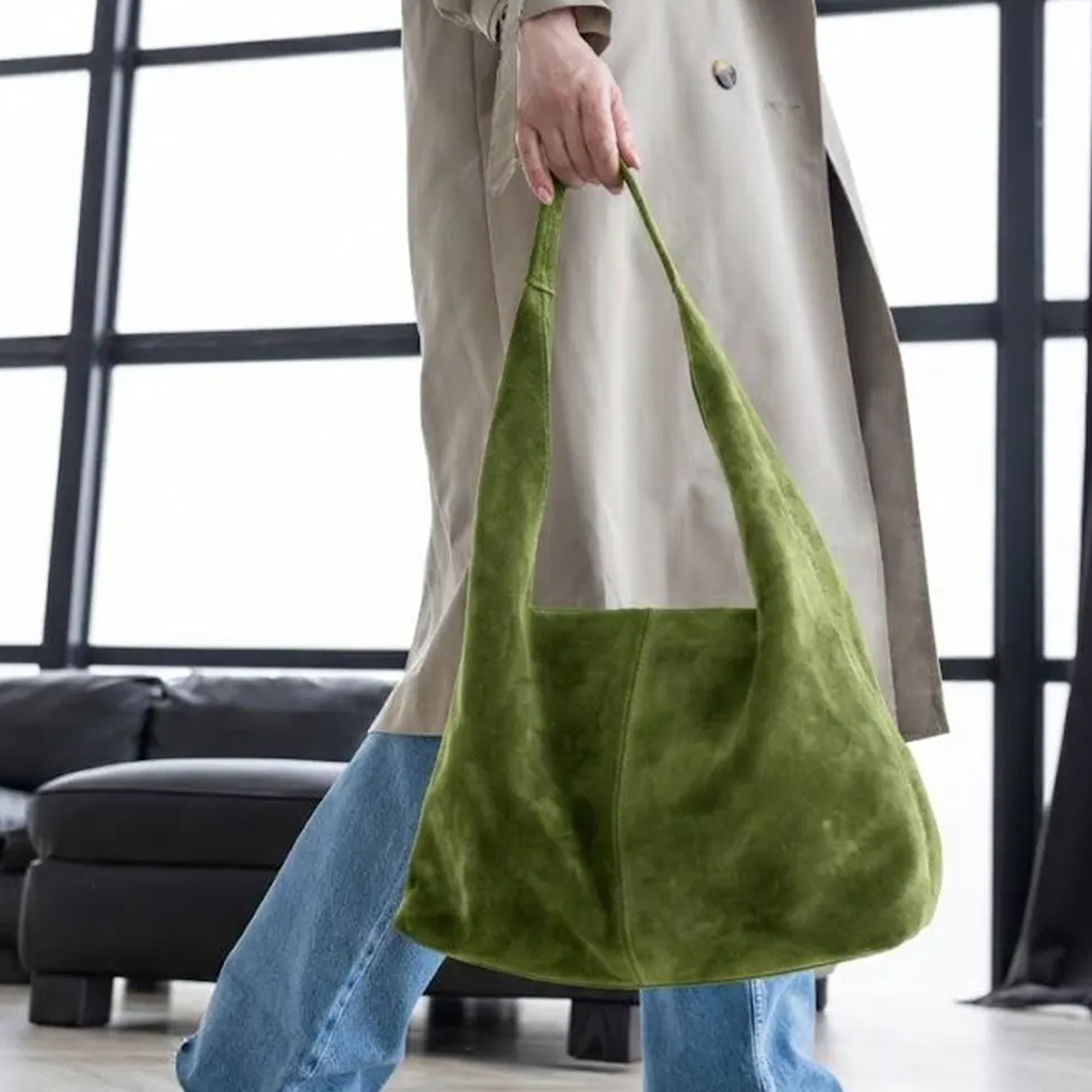 Moss Green Soft Fuzzy Slouchy Hobo Tote With Integrated Wide Shoulder Loops, Central Vertical Seam Detailing And Roomy Open-Top Inner Compartment
