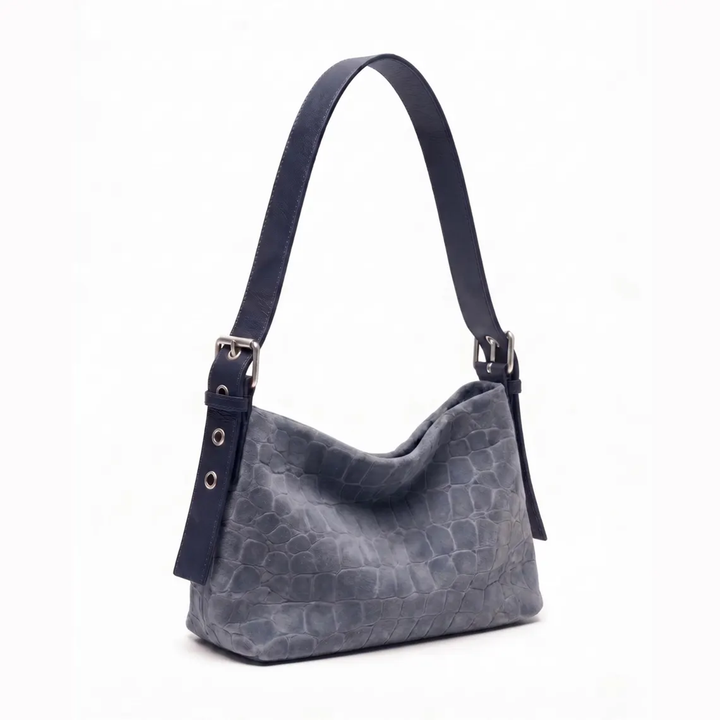 Dual-Tone Reptile Embossed Slouchy Shoulder Tote With Contrast Wide Hanging Strip, Metal Buckle Eyelet Hardware And Lined Inner Slip Pocket