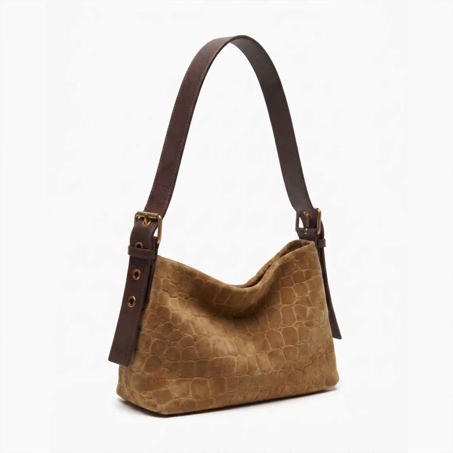 Dual-Tone Reptile Embossed Slouchy Shoulder Tote With Contrast Wide Hanging Strip, Metal Buckle Eyelet Hardware And Lined Inner Slip Pocket