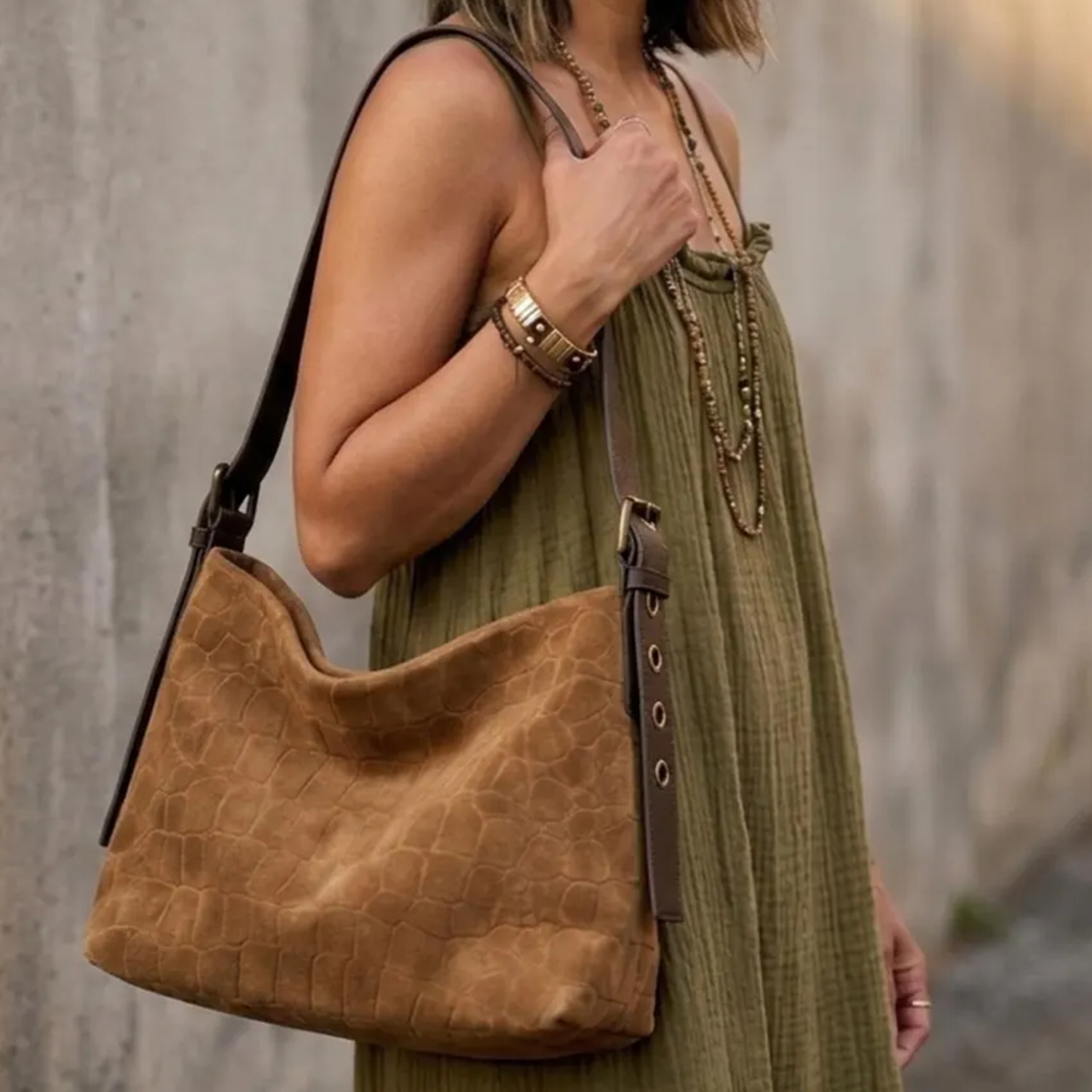 Dual-Tone Reptile Embossed Slouchy Shoulder Tote With Contrast Wide Hanging Strip, Metal Buckle Eyelet Hardware And Lined Inner Slip Pocket