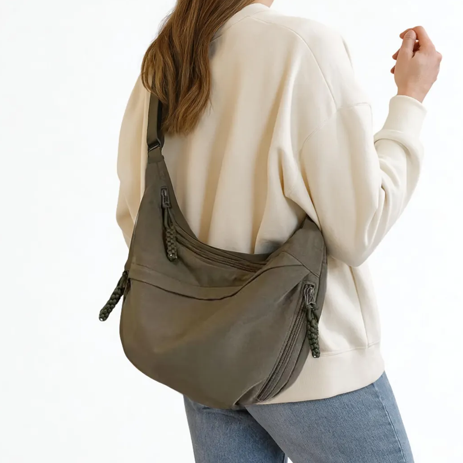 Wrinkled Fabric Crescent Hobo Pouch With Multi Zippered Exterior Pockets, Braided Cord Pull Tabs And Wide Woven Hanging Strap