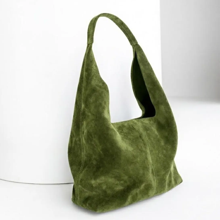 Moss Green Soft Fuzzy Slouchy Hobo Tote With Integrated Wide Shoulder Loops, Central Vertical Seam Detailing And Roomy Open-Top Inner Compartment